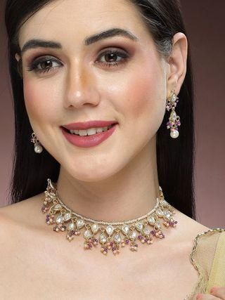 Karatcart Gold Plated Pink and Purple Crystal Kundan Necklace Set for Women